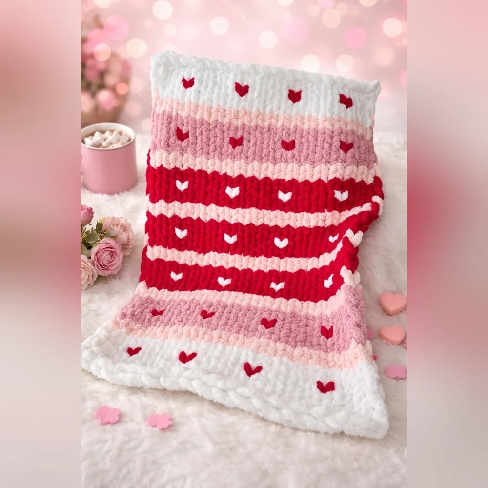 Handmade Chunky Yarn Baby Blanket & Bow Pillow Set Red Pink Heart Patterned Kids
